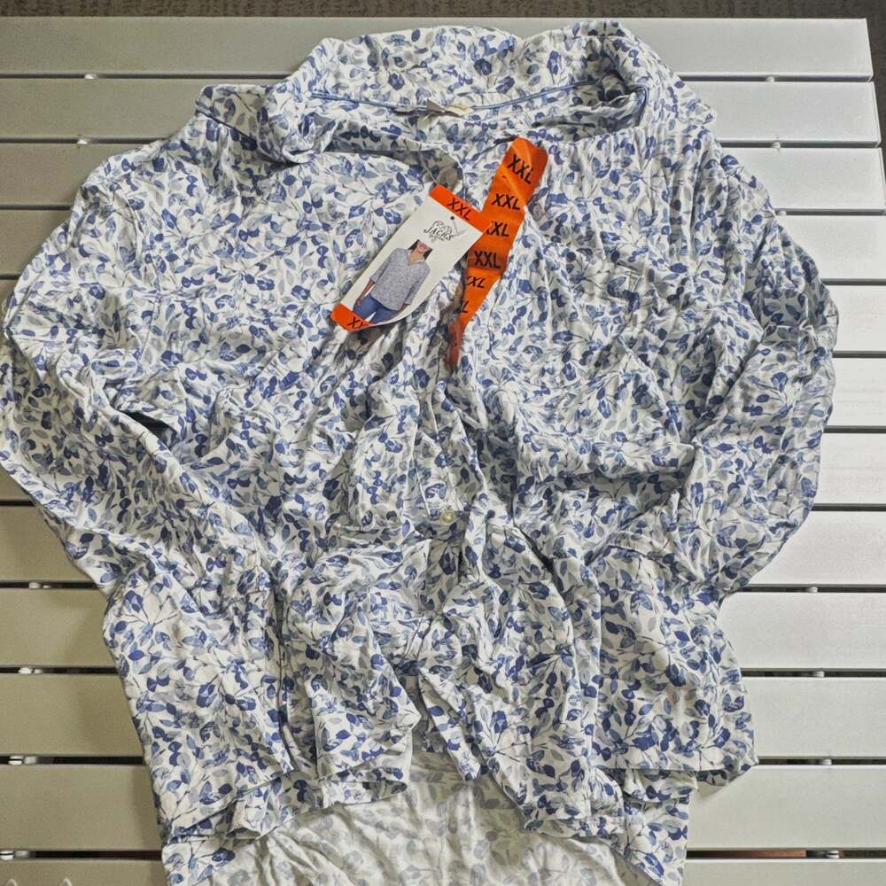 JACHS Girlfriend Women’s 2XL White/Blue Floral Collared 3/4 Sleeve Blouse